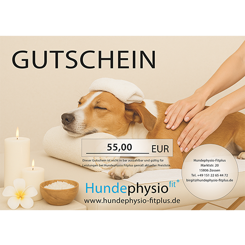 Gutschein für Hundetherapie mit entspanntem Hund und Wellness-Elementen.