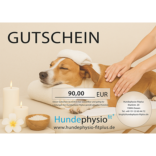 Gutschein für Hundetherapie mit Hund, Kerzen und Wellness-Produkten.