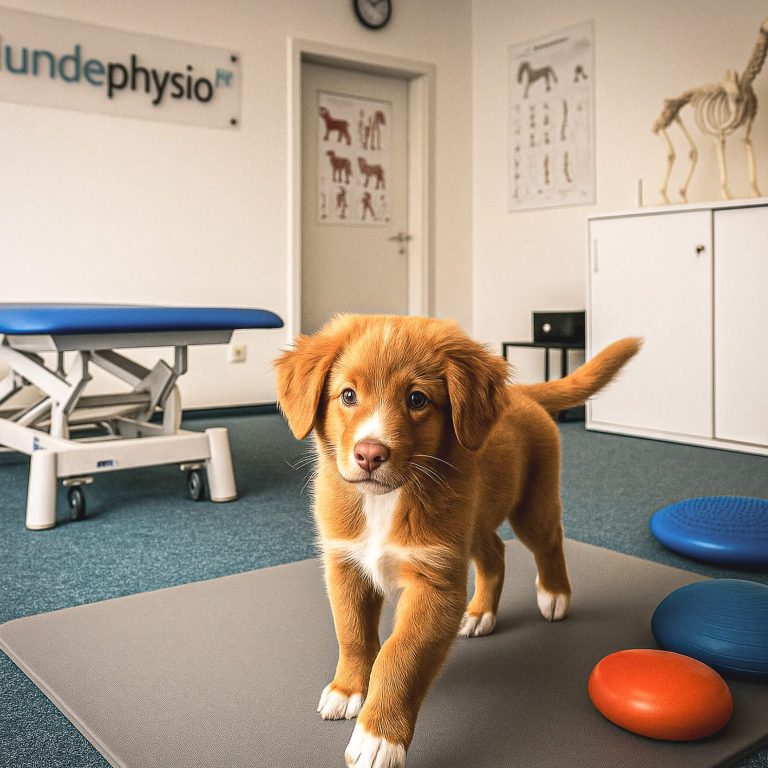 Ein brauner Welpe läuft auf einer Matte in einem Raum der Hundephysio Fitplus Praxis.