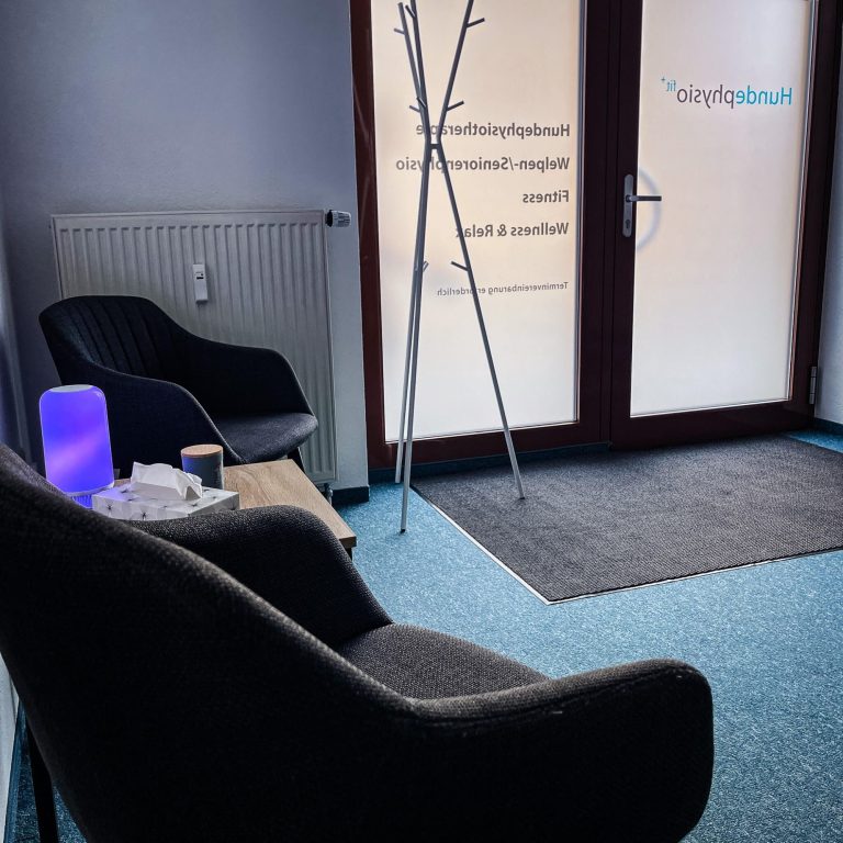Wartebereich mit zwei Stühlen, Tisch und einer Lampe in entspannter Umgebung.