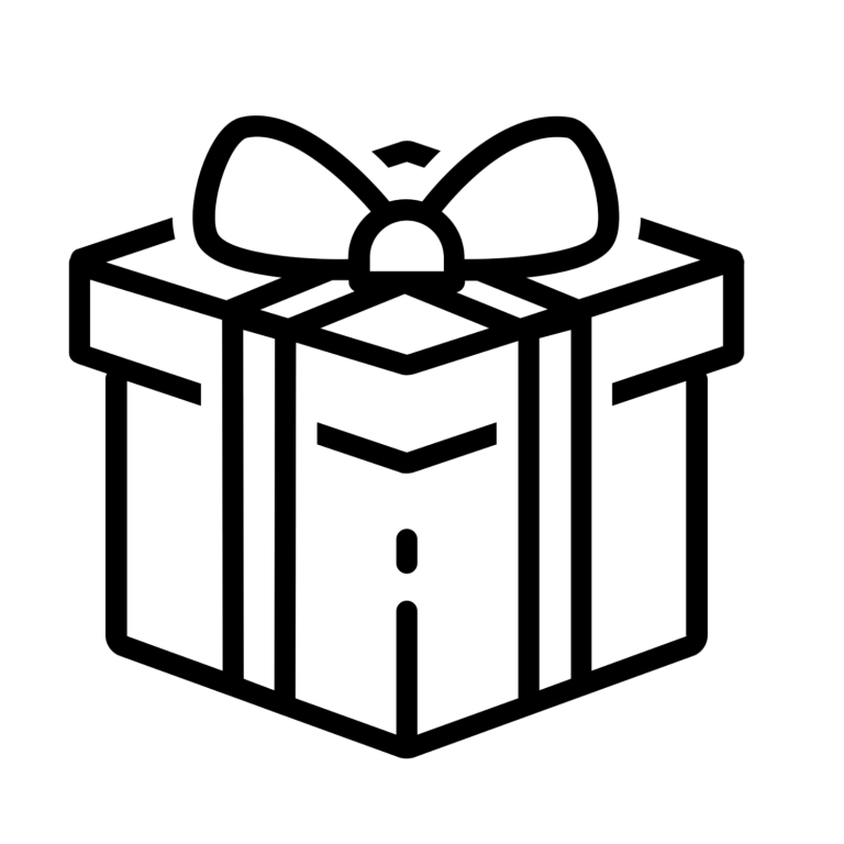 Geschenkbox mit Schleife, in minimalistischer, schwarzer Linie gezeichnet.