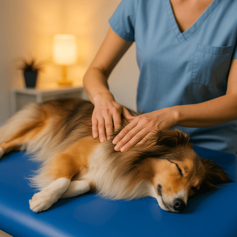 Eine Person massiert einen entspannten Hund auf einem Behandlungstisch.
