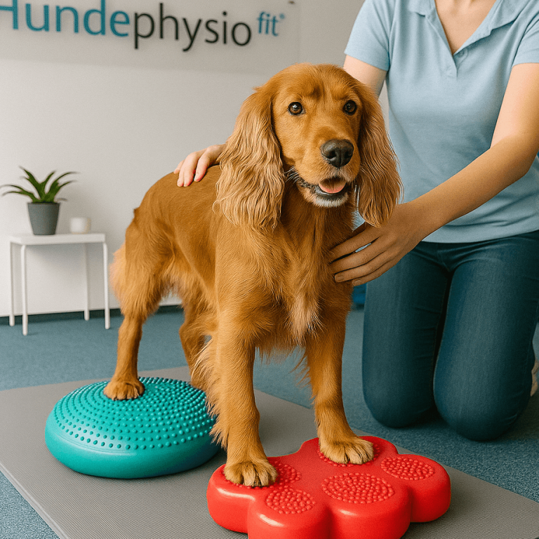 Ein Hund steht auf zwei Balancekissen, während eine Person ihn unterstützt.