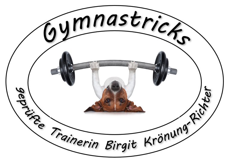 Logo von Gymnastricks mit einer Hantel und dem Namen der Trainerin Birgit Krönung-Richet.